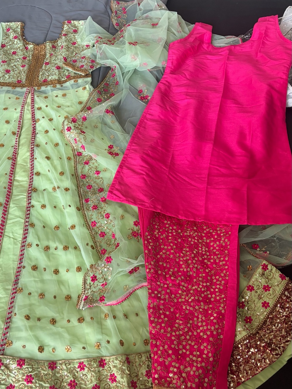 & Other Stories Hot Pink and Mint Green Embroidered formal lehenga